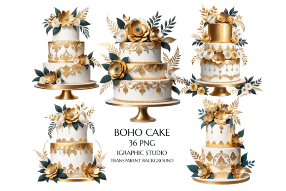 36 Watercolor Wedding Cake Clipart: Boho & Transparent PNGs