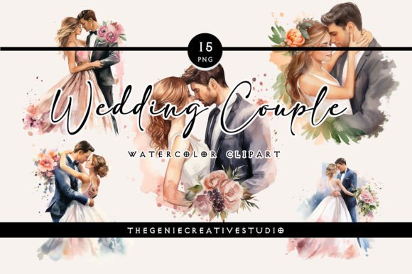 Charming Watercolor Wedding Couple PNG Clipart for Your Designs