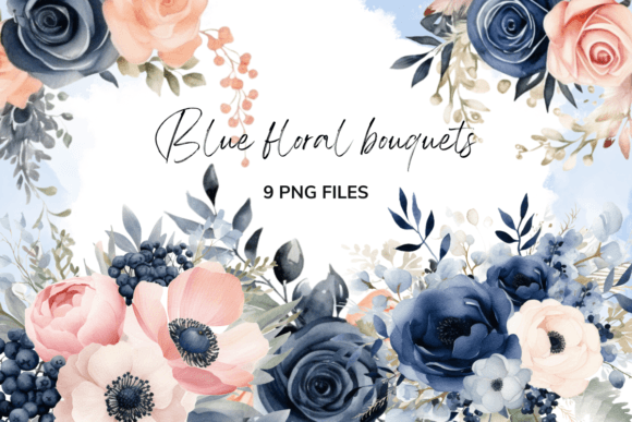 Elegant Navy Blue Flowers Wedding Watercolor Design Suite