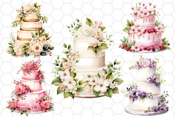 Watercolor Wedding Cake Clipart: 5 PNGs for Creative Design