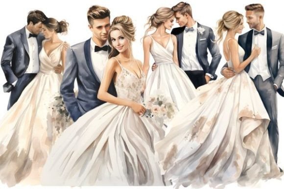 Watercolor Wedding Clipart: Versatile Bride & Groom Graphics